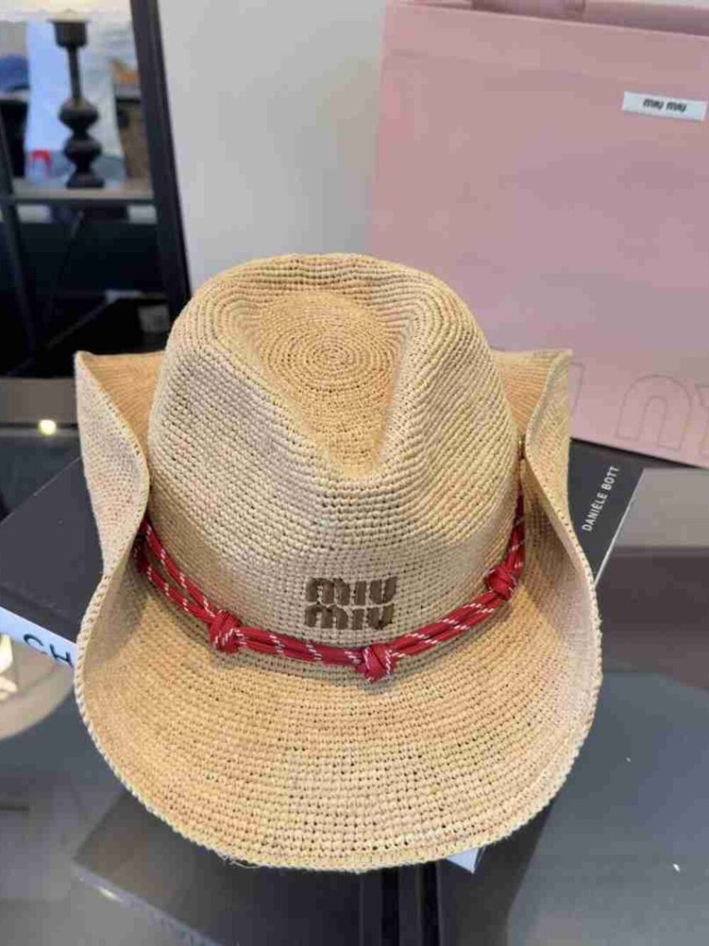 Miu Miu Wide Brim Western Sun Hat Woven Raffia Red Knot Band Resort Hat - Picture 2 of 8